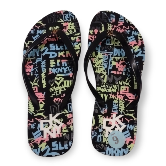 Dkny Zane Black Graffiti Sandals Flip Flops Women's Size 6 - Picture 5 of 9